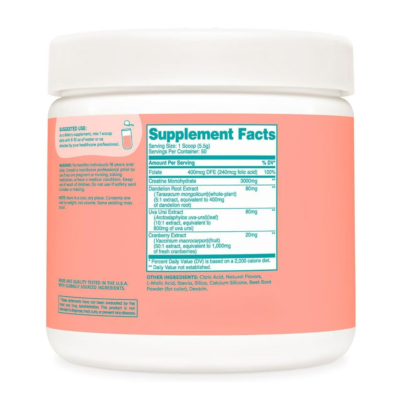Creatine Monohydrate for Women - 3g Serving | Dandelion, Uva Ursi & Cranberry | Zero Bloat | Vegan | Strawberry Lemonade